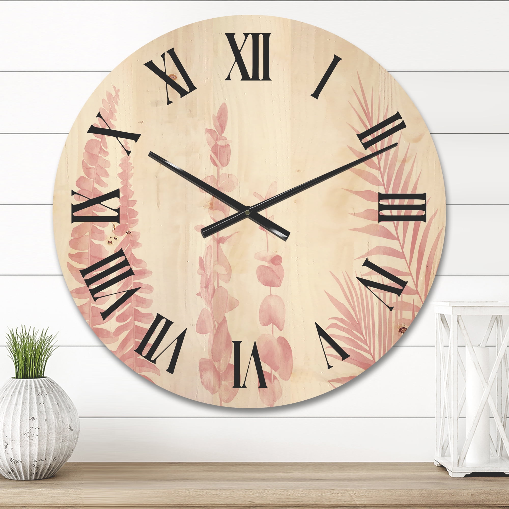 Designart 'Palm Branches and Blush Pinkeucalyptus' Shabby Chic Wood Wall Clock