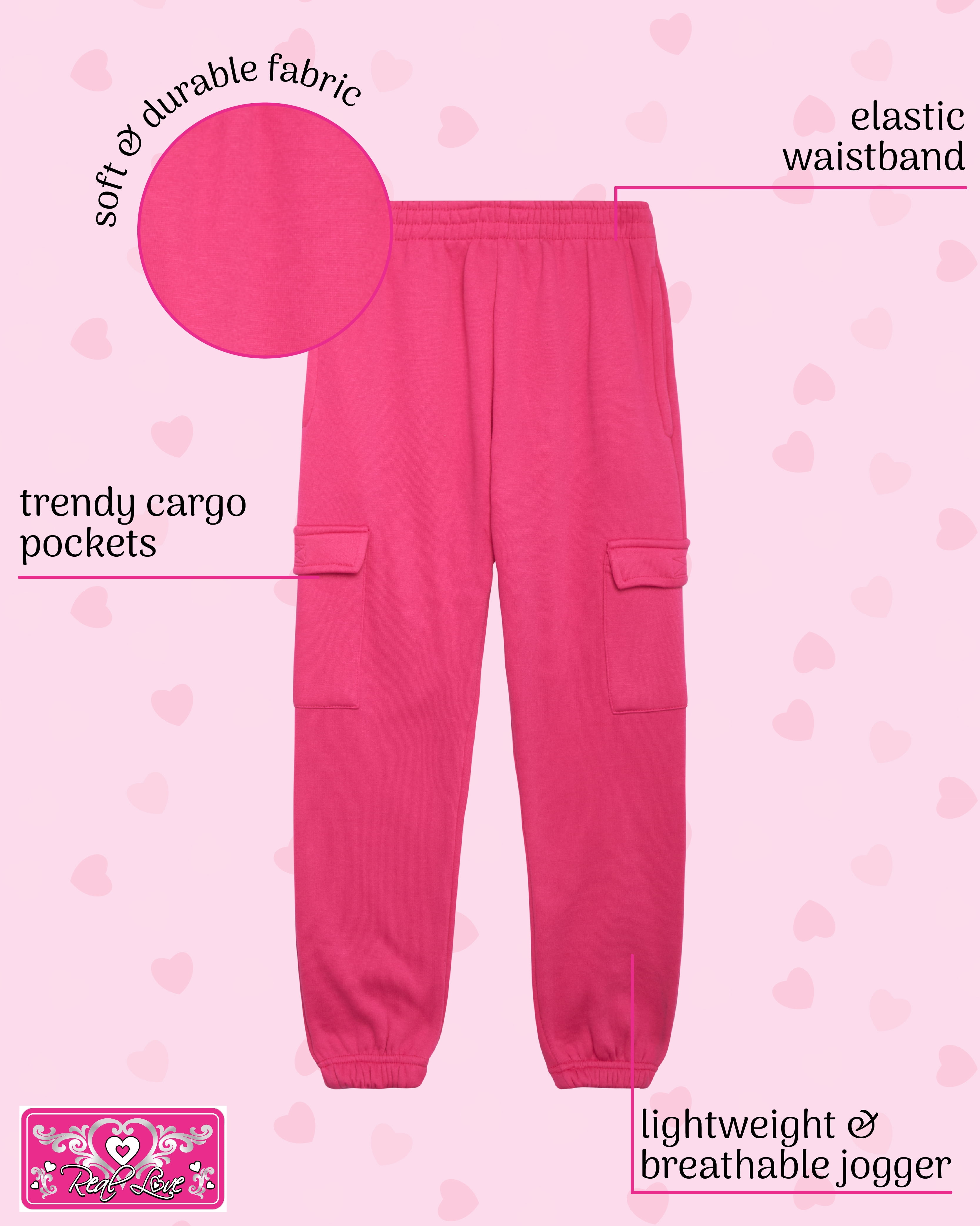 Real Love Girls Sweatpants Soft Lightweight Basic Fleece Cargo Jogpants, Joggers or Flares 4 Pack