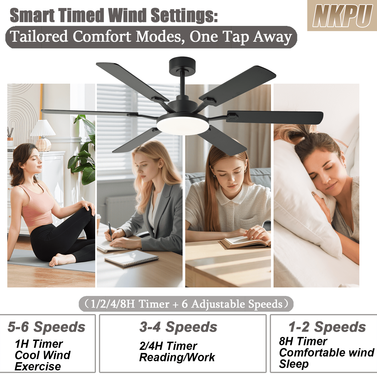 60inch Black Ceiling Fans with Lights and Remote/App Control, Low Profile Ceiling Fan with Light and 6 Double-Side blades, Flush Mount, LED Dimmable DC Reversible Modern Ceiling Fan for Bedroom