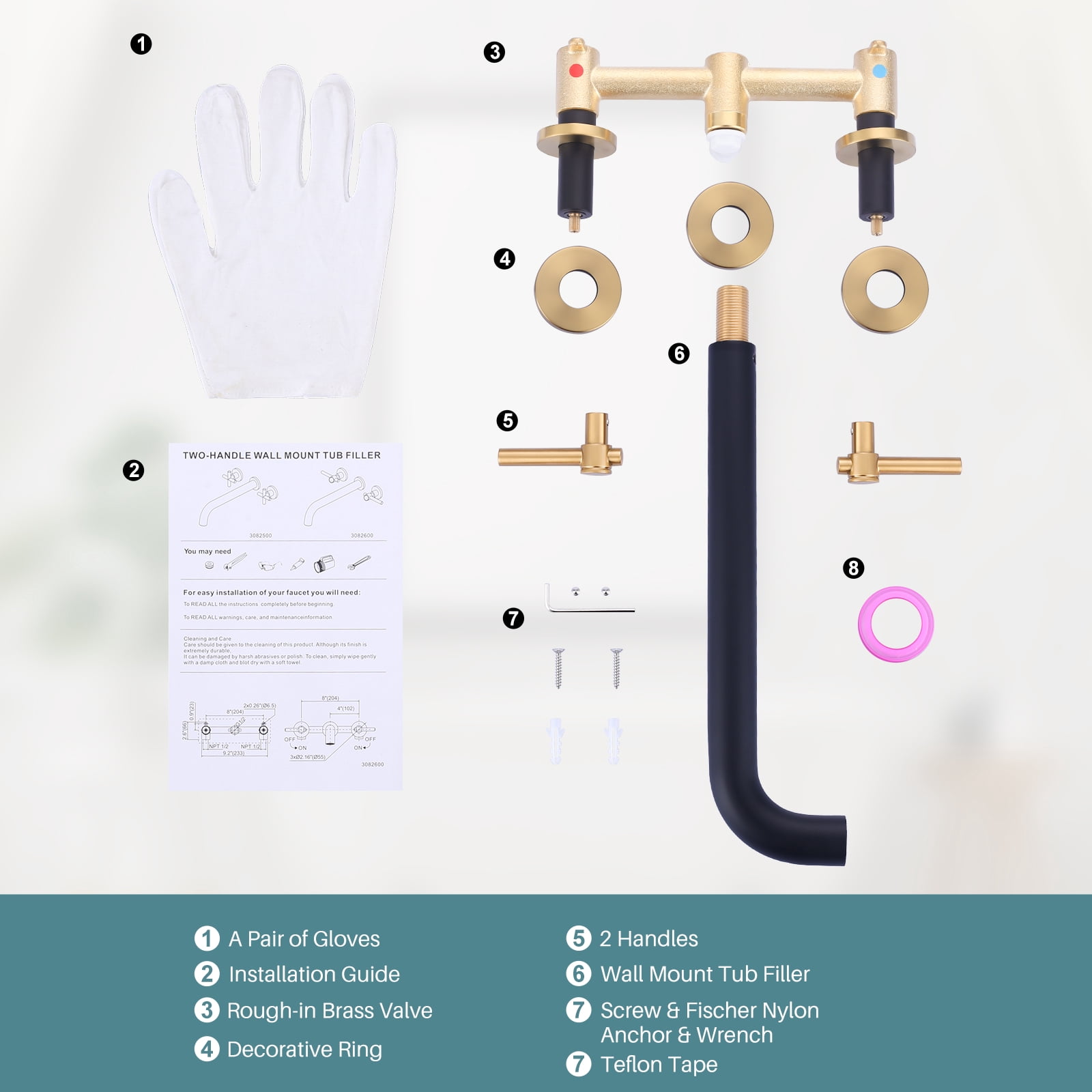 Wowow Cross Wall‑Mounted 2‑Handle Roman Tub Faucet with 12 in. Long Spout in Black and Gold, Brass Construction
