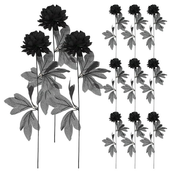 12 dalias artificiales negras para decoración de Halloween, conmemoración y Día de Muertos. Flores negras realistas con hojas.