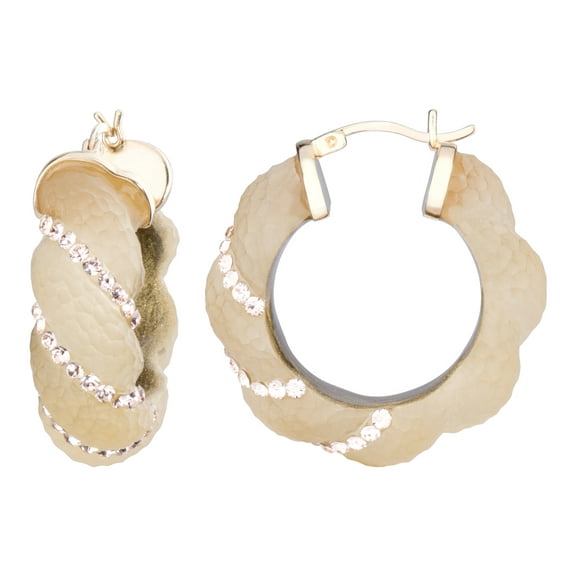 Handcrafted Gold Lucite 35mm Twisted Click Top Hoop Earrings with Crystals
