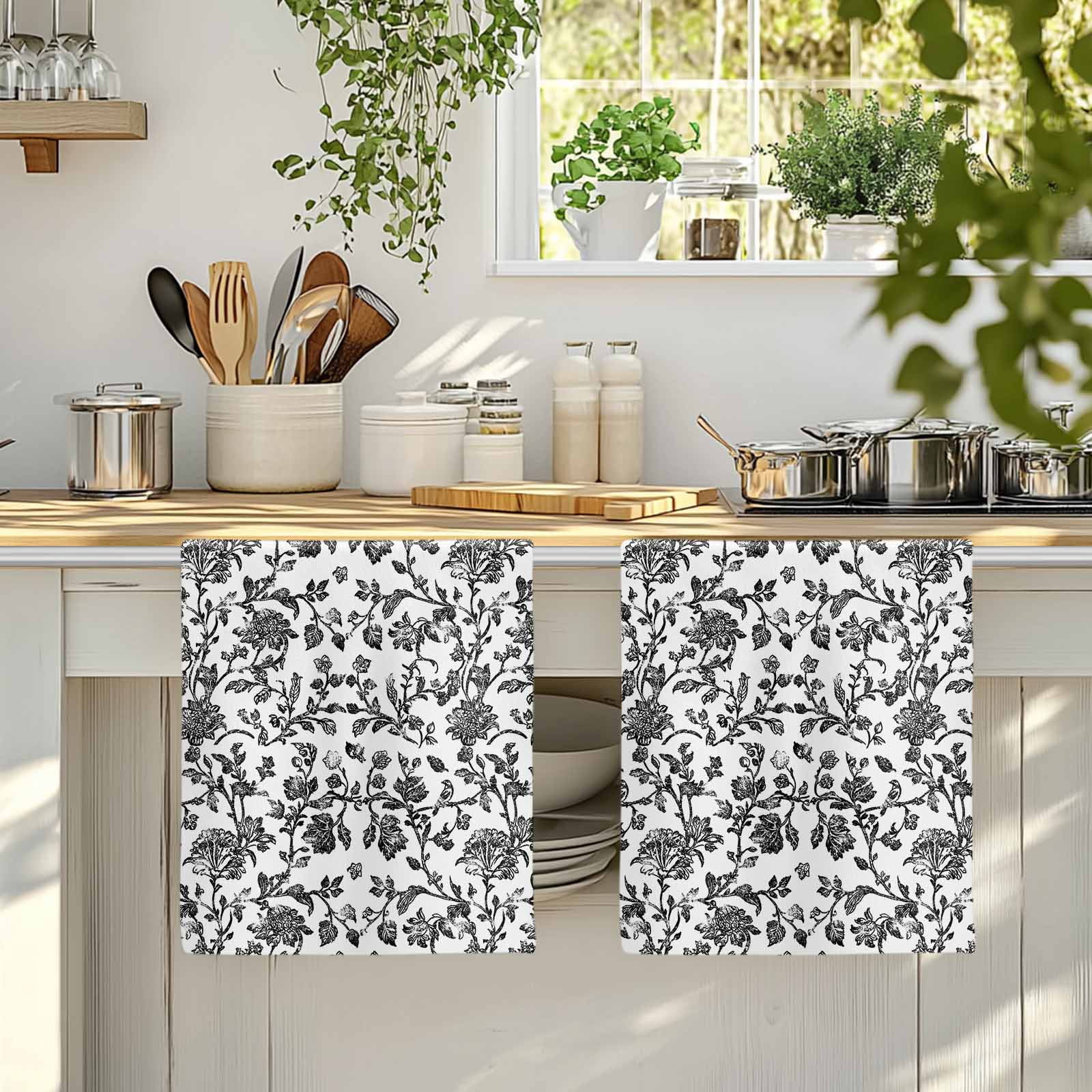 Black Flower Microfiber Kitchen Towel, Vintage Farmhouse Boho Leaf Spring Plant Soft Absorbent Dish Towels, Quick Drying Washable Dishcloths for Kitchen Cleaning, Drying Dishes, 18x28 Inches