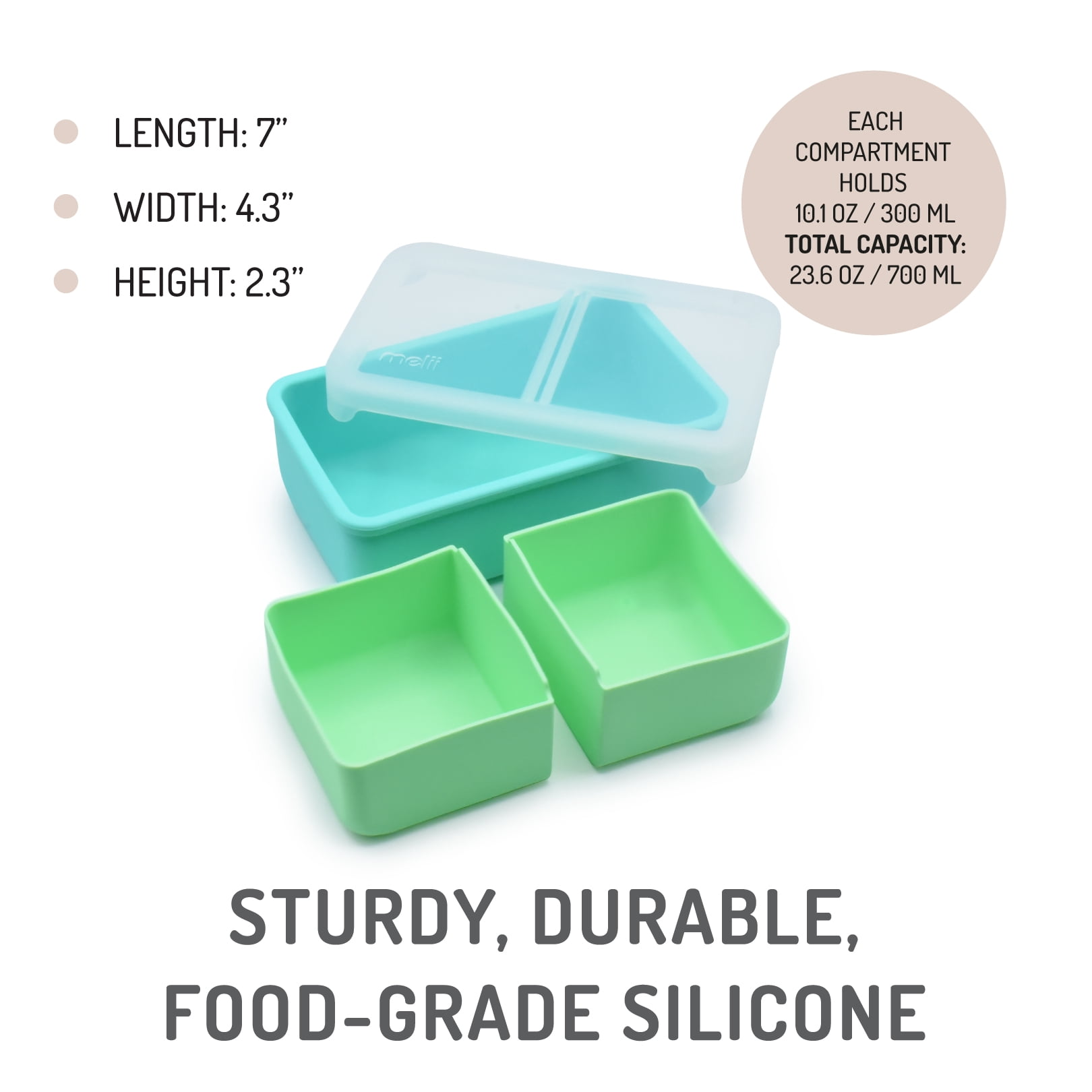 Melii Silicone Bento Box Food Storage Container with Removable Compartments, Blue Mint