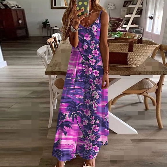 Sundresses for Women Plus Size Summer Dresses For Women Print Sleeveless Round Neck Dress Casual Long Dresses D Multicolor L