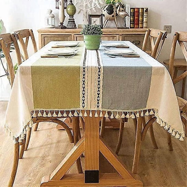 Linen Tablecloth Cotton Washable Wrinkle Free Tassel Design for Kitchen Dinning Tabletop Decoration (Blue-Green,55x55 inch)