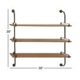 thumbnail image 4 of DecMode Natral Wood Industrial 3-Tier Wall Shelf, 38"W x 9"H, Features 2 Side Brown Oval Shaped Metal Bars with Decorative Top and Bottom Mounting, 4 of 13