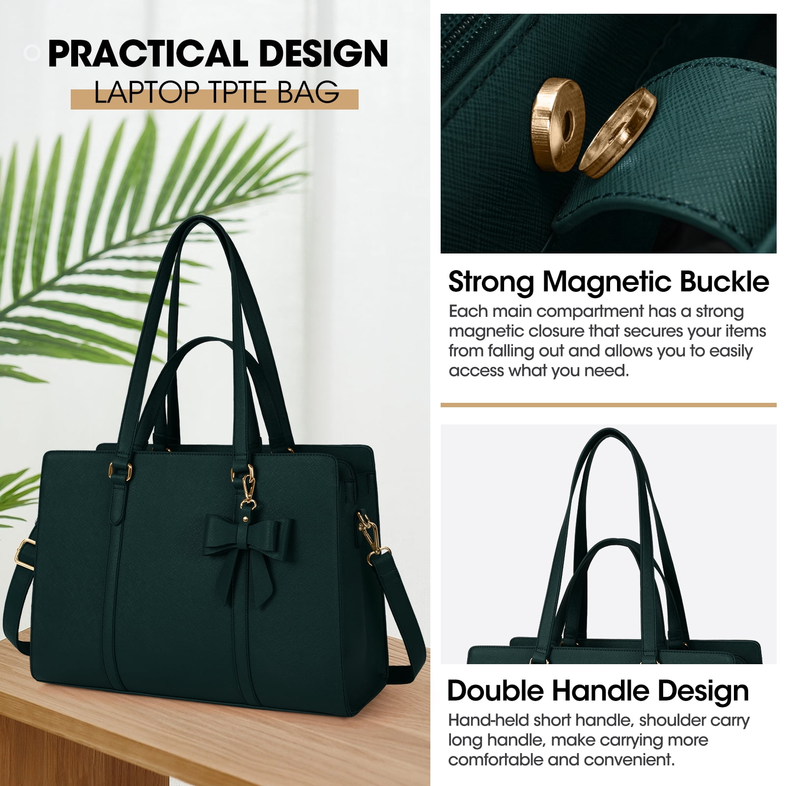 Laptop Bag for Women 15.6 inch Laptop Tote Bag Waterproof Leather Computer Bag Large Briefcase Professional Business Office Work Bag,Dark Green