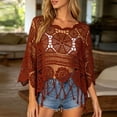 thumbnail image 3 of Boho Crochet Coverup Tops for Women Fringe Trim Hollow Out Beach Cover Up 3/4 Sleeve Scallop Bathing Suit Cover Up Summer Vacation, 3 of 9