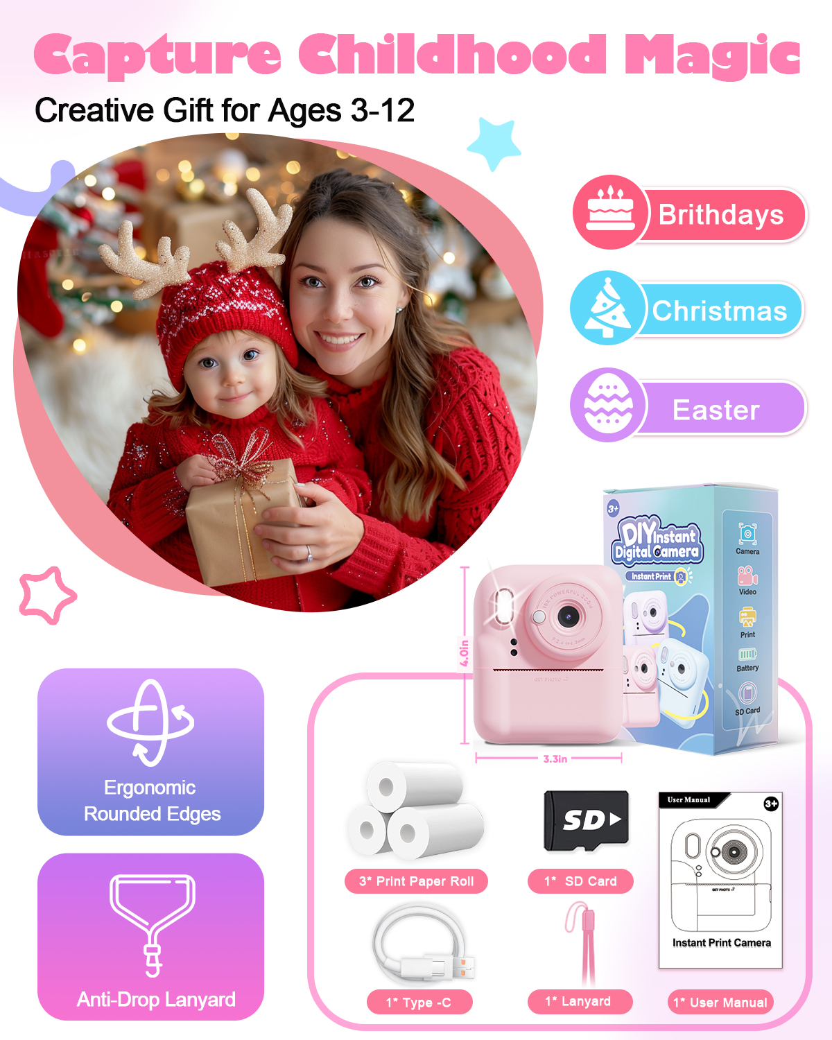 Seckton Dual-Lens Kids Instant Print Camera 1080P Pink photo 7