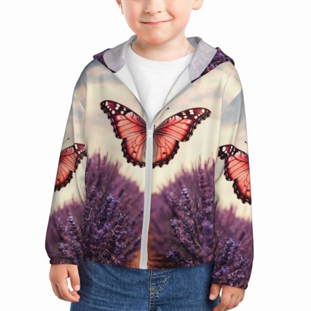 

Goofa Butterfly Over Lavender Printed Kids Zip-Up Hoodie Girls Boys UPF50+ Sun Protection Jacket Hooded Cooling Shirt-4 Years