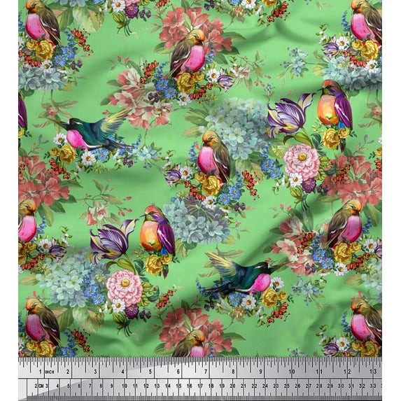 Soimoi Green Poly Georgette Fabric Leaves,Floral & American Robin Bird Decor Fabric Printed BTY 52 Inch Wide
