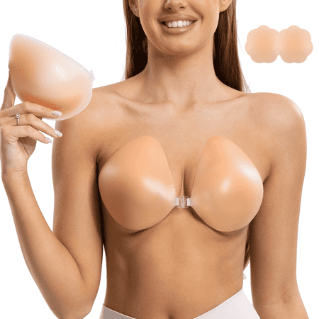 Niidor Adhesive Bra Strapless Sticky Invisible Push up Silicone Bra for Women Drop-Shape Reusable Sticky Boobs for Backless Strapless Dress with Nipple Covers