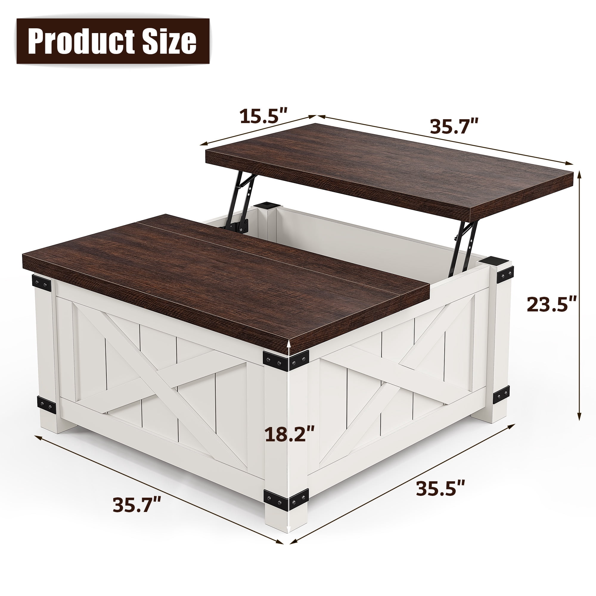 Romorgniz 35.7" W Square Lift Top Coffee Table Farmhouse Coffee Table with Large Hidden Storage Wooden Center Table for Living Room, White