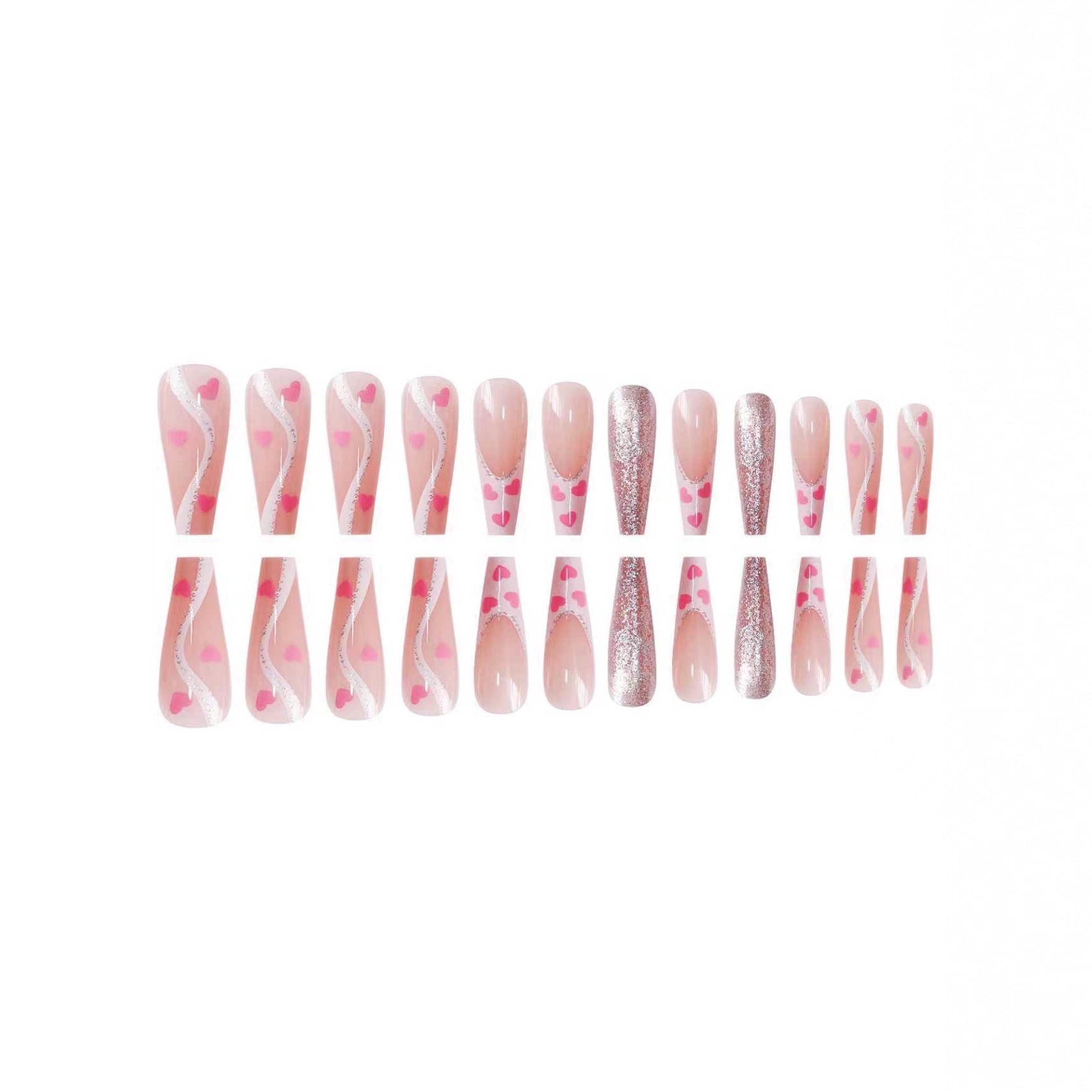 Cross-border hot sale ballet fake nails sweet love flash silver glitter embellishment wearing nail piece finished product wholesale