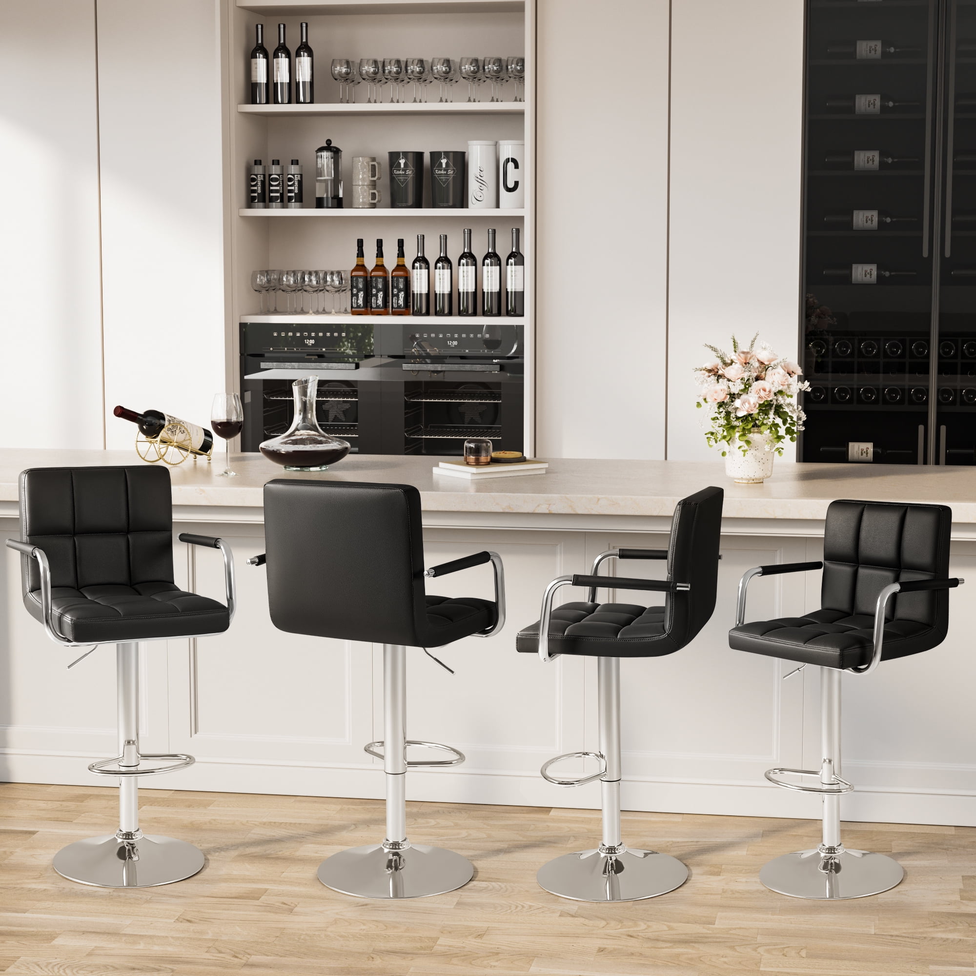 Homall Bar Stools Set of 2 Modern PU Leather Height Adjustable Hydraulic Kitchen Counter Square Island Swivel Barstool with Armrest, Black