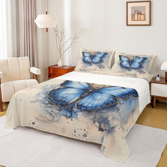 Feelyou Romantic Butterfly Animal Twin Sheet Sets, Western Old Fashion Twin Fitted Sheet, Vintage Watercolor Artwork Flat Sheet, Luxury Bedroom Decor, 3 Pieces