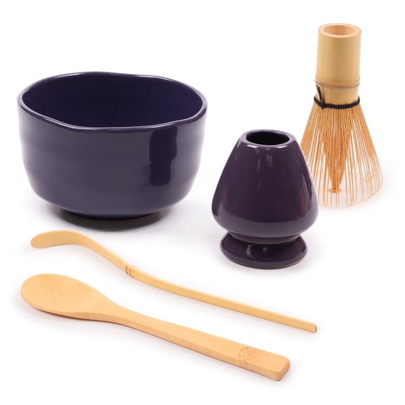BambooMN Matcha Bowl Set (Includes Bowl, Rest,Tea Whisk, Chasaku, & Tea Spoon) 1 Set Purple