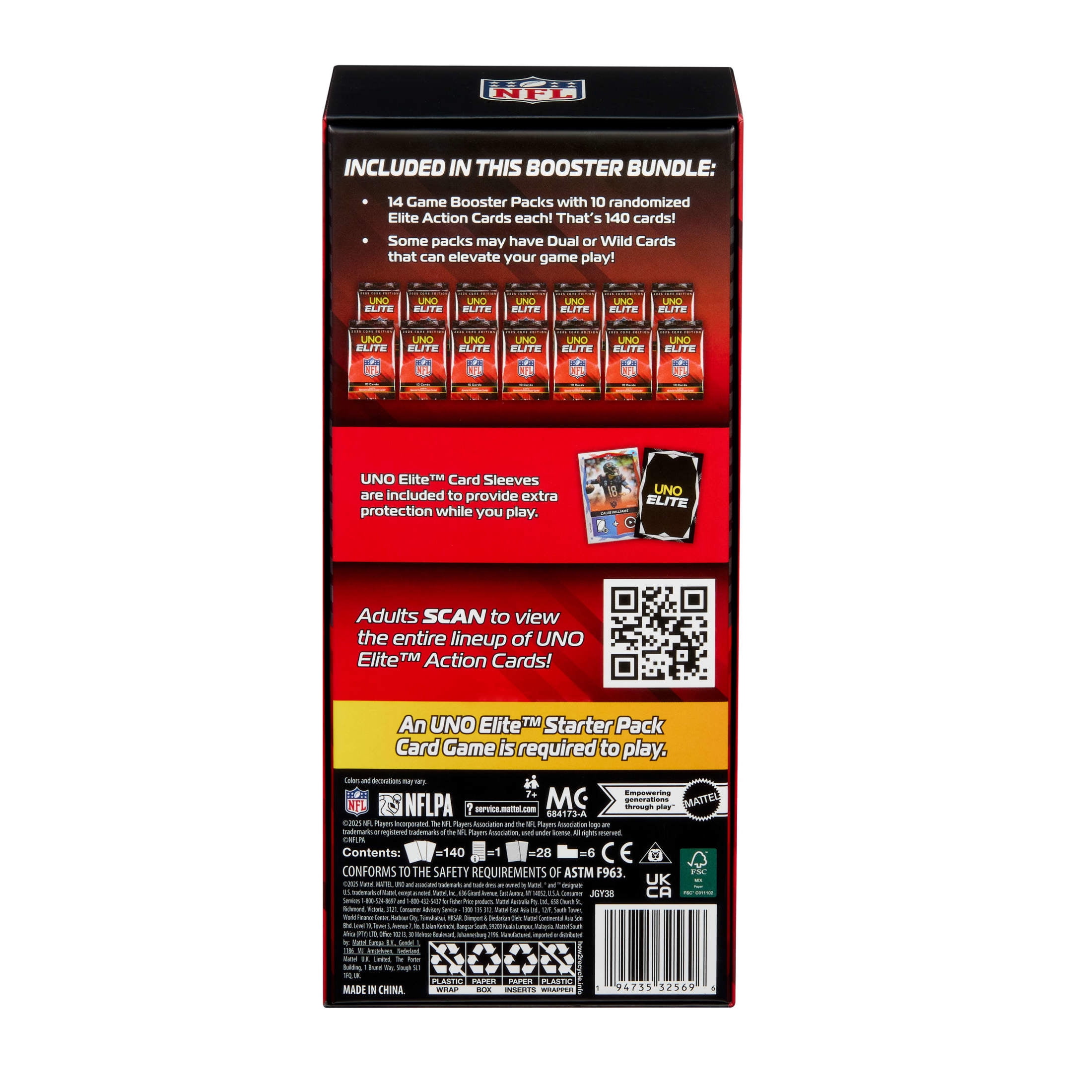 UNO Elite NFL Booster Set with 140 Elite Action Collector Cards, 2025 Core Edition (Players May Vary)