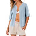 thumbnail image 4 of Lixiuxyad ‌Women's Crew Neck Ribbed Knit Cardigan Short Sleeve Open-Front Button-Up Cardigan,Blue, 4 of 6