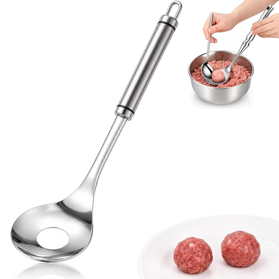 Stainless Steel Meatball Maker, Meatball Maker Spoon, Stainless Steel Meatball Maker Spoon with Hole Convenient Storage Design Long Handle Spoon for Making Meatballs, Shrimp Balls & Fish Balls, New