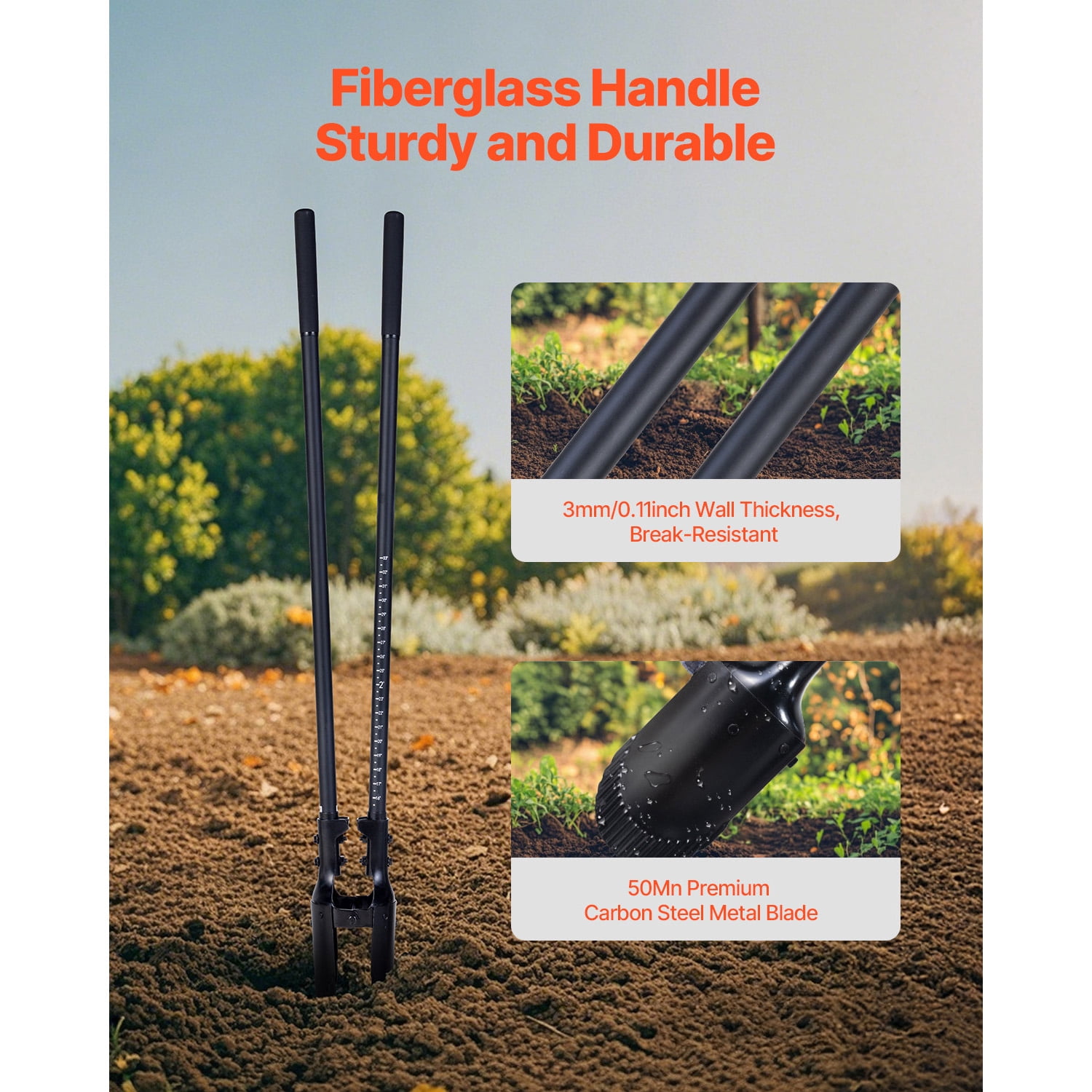 KFFKFF Ground Borer, Robust Ground Borer with Fiberglass Grip, Handheld Excavator with Measurement Indicators and Metallic Edge, Ground Borer Instrument for Horticulture and Outdoor Use, 57.5-Inch