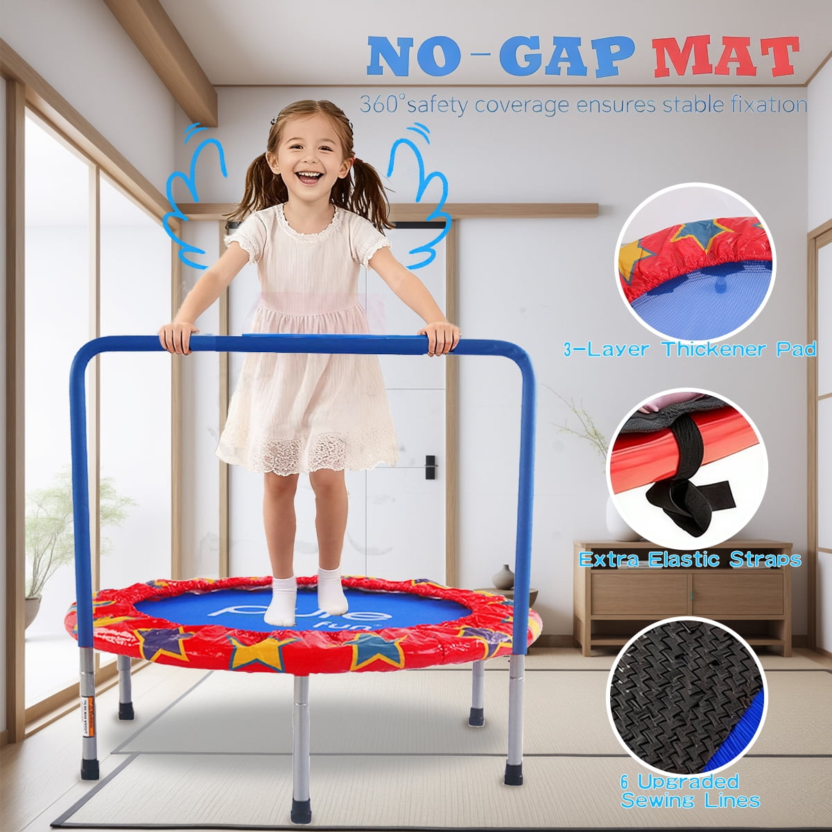 36-Inch Round Mini Trampoline for Kids – Indoor Bounce Playmat with N-Shaped Handle, Steel Frame & PVC Cover – Safe Exercise for Toddlers (Colorful)