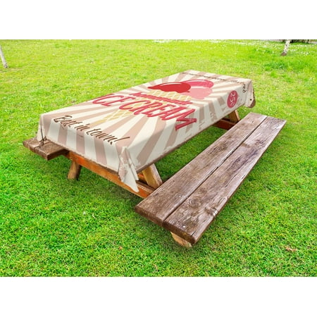 Ice Cream Outdoor Tablecloth, Vintage Style Sign with Homemade Ice Cream Best in Town Quote Print, Decorative Washable Fabric Picnic Tablecloth, 58 X 120 Inches, Red Coral Cream Tan, by