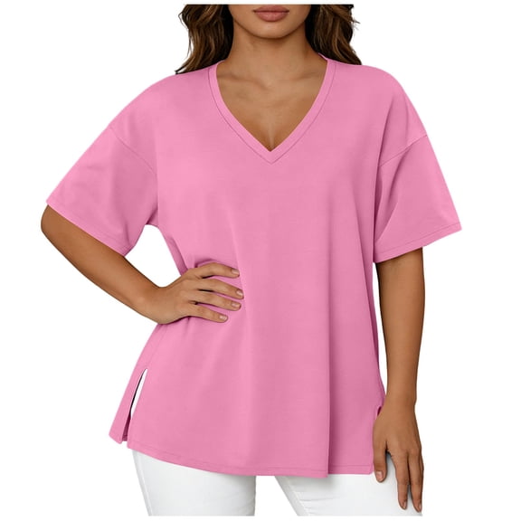 Htigea Plus Size Short Sleeve Tops for Women Casual Loose Fit T-Shirt Summer V-Neck Pullover Tee Pink L