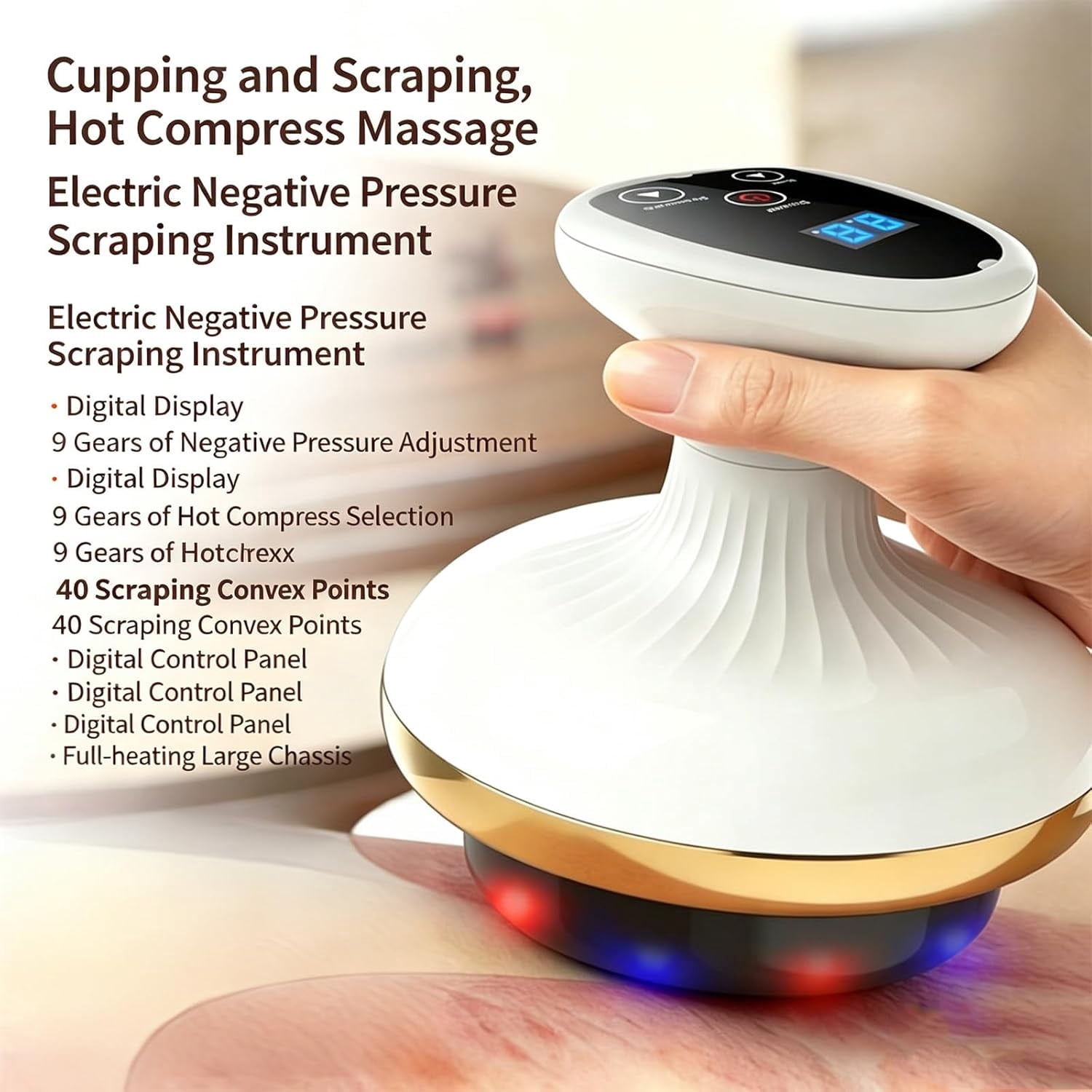 Cellulite Massager with Suction & Red Light, 9 Levels, Gold