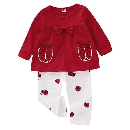KidUtowu 2pcs Clothes Newborn Infant Baby Girl Outfit Set Ladybug Bow Long Sleeve Tops Long Pants