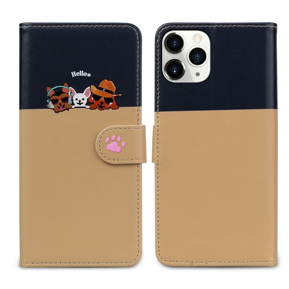 Feishell Cute Animal Pattern Wallet Phone Case for iPhone 11 Pro,Color Matching PU Leather Shockproof Magnetic Flip Stand Credit Card Slots Slim Phone Case with Wrist Strap,Khaki