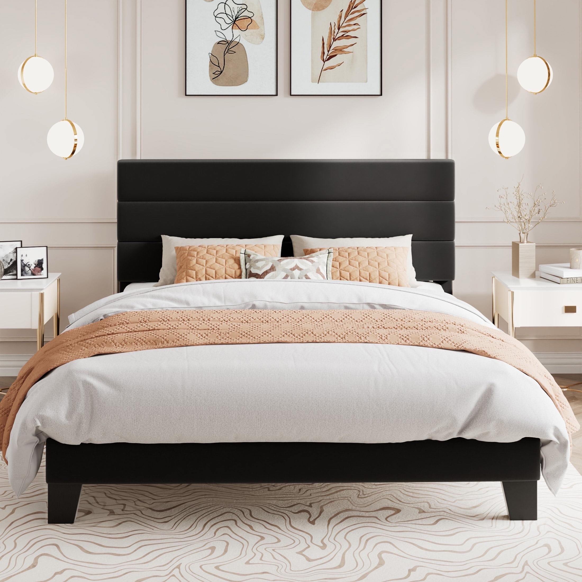 Amolife Queen Bed Frame, Platform Bed Frame with Velvet Upholstered Headboard, Black