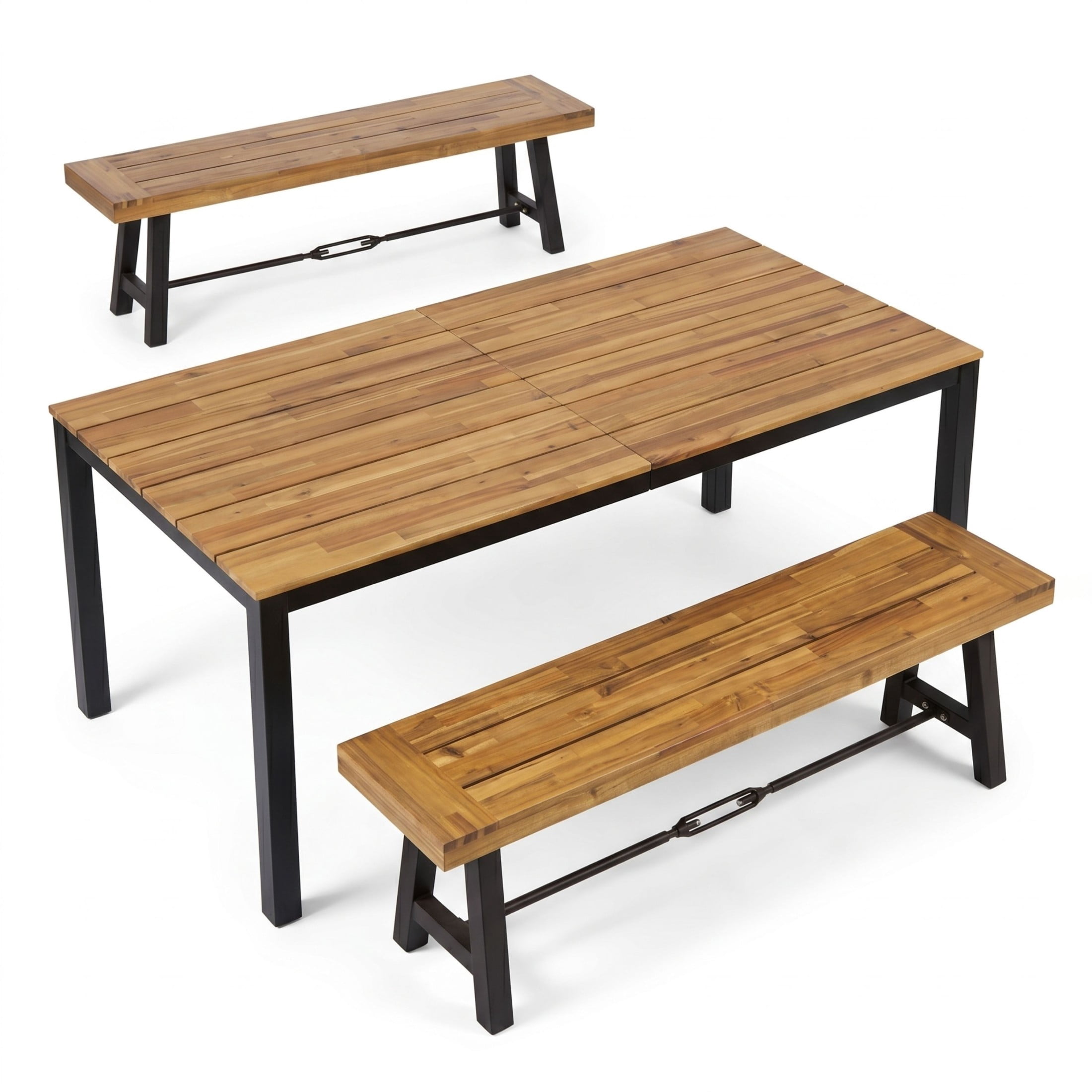 Christopher Knight Home 3-Piece Acacia Wood Patio Dining Set, 71" Table with 2 Benches, Teak+Black