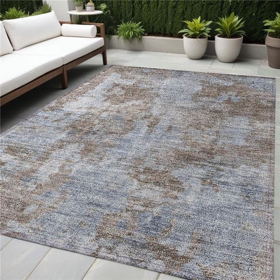 HomeRoots 564246 5 x 8 ft. Mocha & Blue Abstract Washable Non Skid Indoor Outdoor Rectangle Machine Woven Area Rug