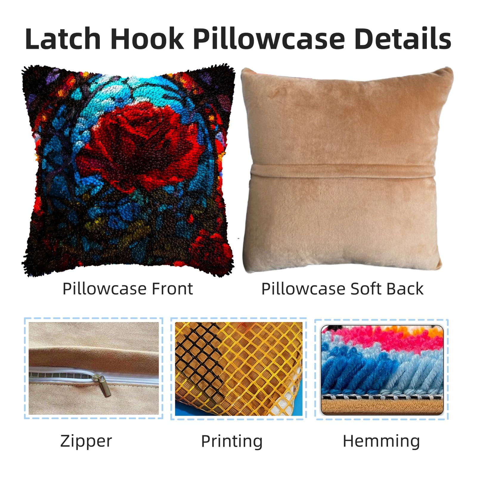 Stained Glass Red Rose DIY Latch Hook Pillow Kits for Adults Printed Pillowcase Crochet Yarns Hooking Handmade Pillow Cover Cushion for Home Sofa Decoration 17x17inch