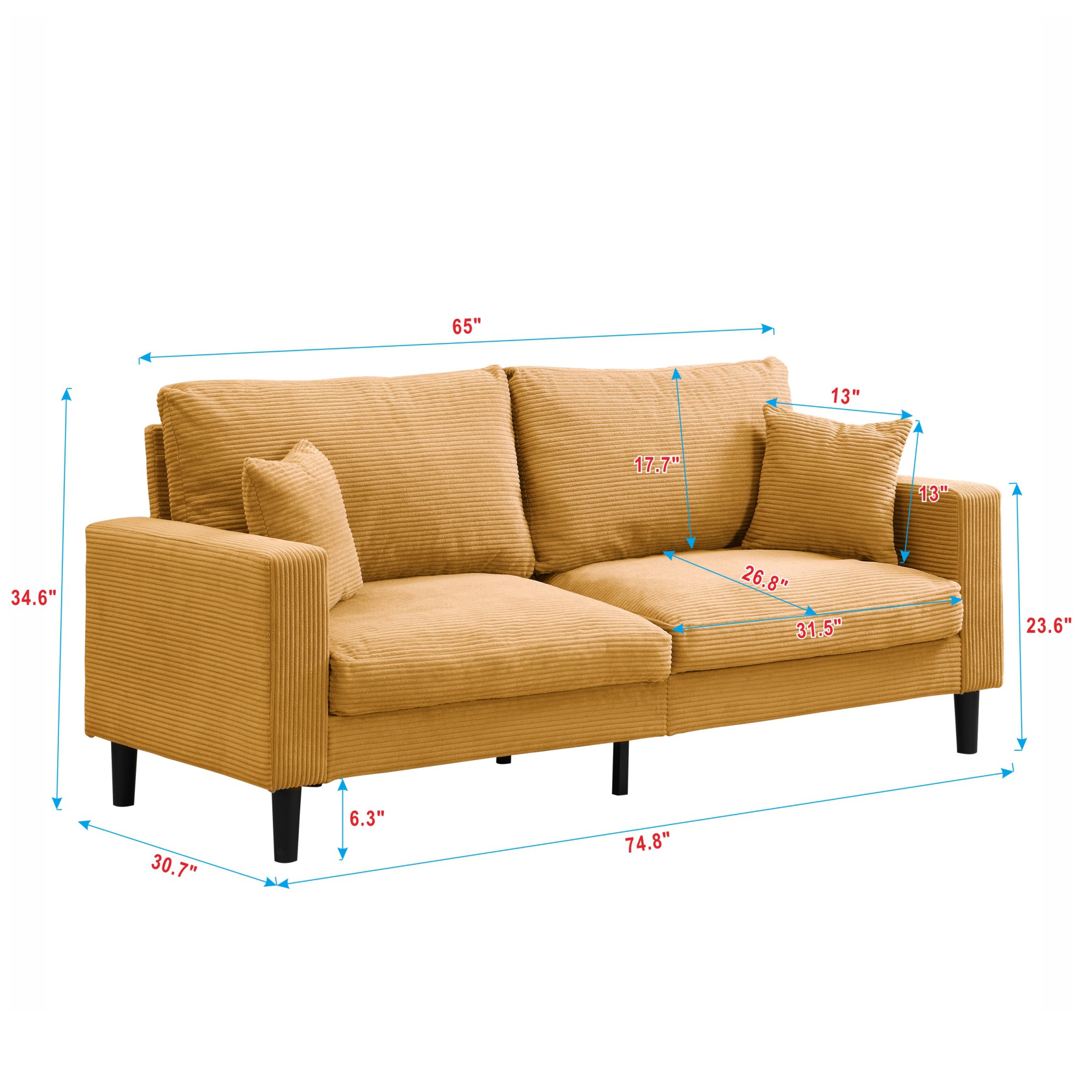 74" Modern Upholstered Sofa Couch,Comfy 3 Seater Sofa with 2 Pillows for Living Room Bedroom Apartment,Orange