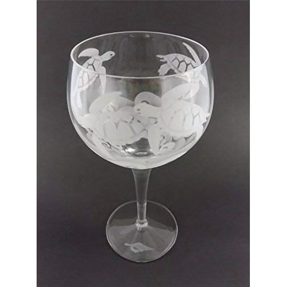IncisoArt Hand Etched Italian Crystal Goblet Sandblasted (Sand Carved) Handmade Wine Water Glass Engraved (Sea Turtle Waves, 500 Milliliter (17 Ounce) Red Wine)