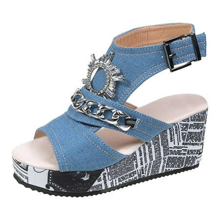 

Jungdeepe Large Size Wedge Heel Denim Round Head Fish Mouth Sandals Comfortable Versatile Rhinestone High Heels Shoes Womens Wedge Heels for Women Sexy Womens Size 9 Sandals Flip Flops Women s on