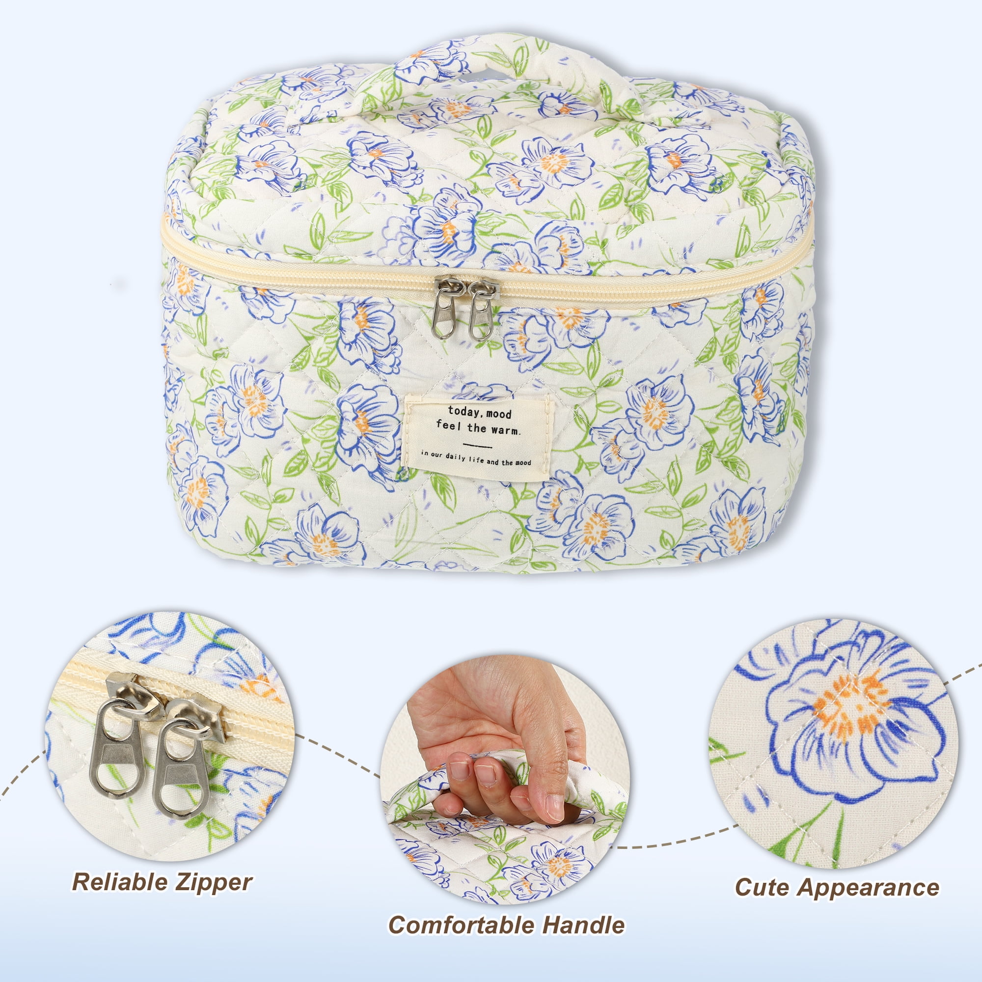 Unique Bargains 3Pcs Large Capacity Travel Cotton Quilted Toiletry Bag Blue, Beige
