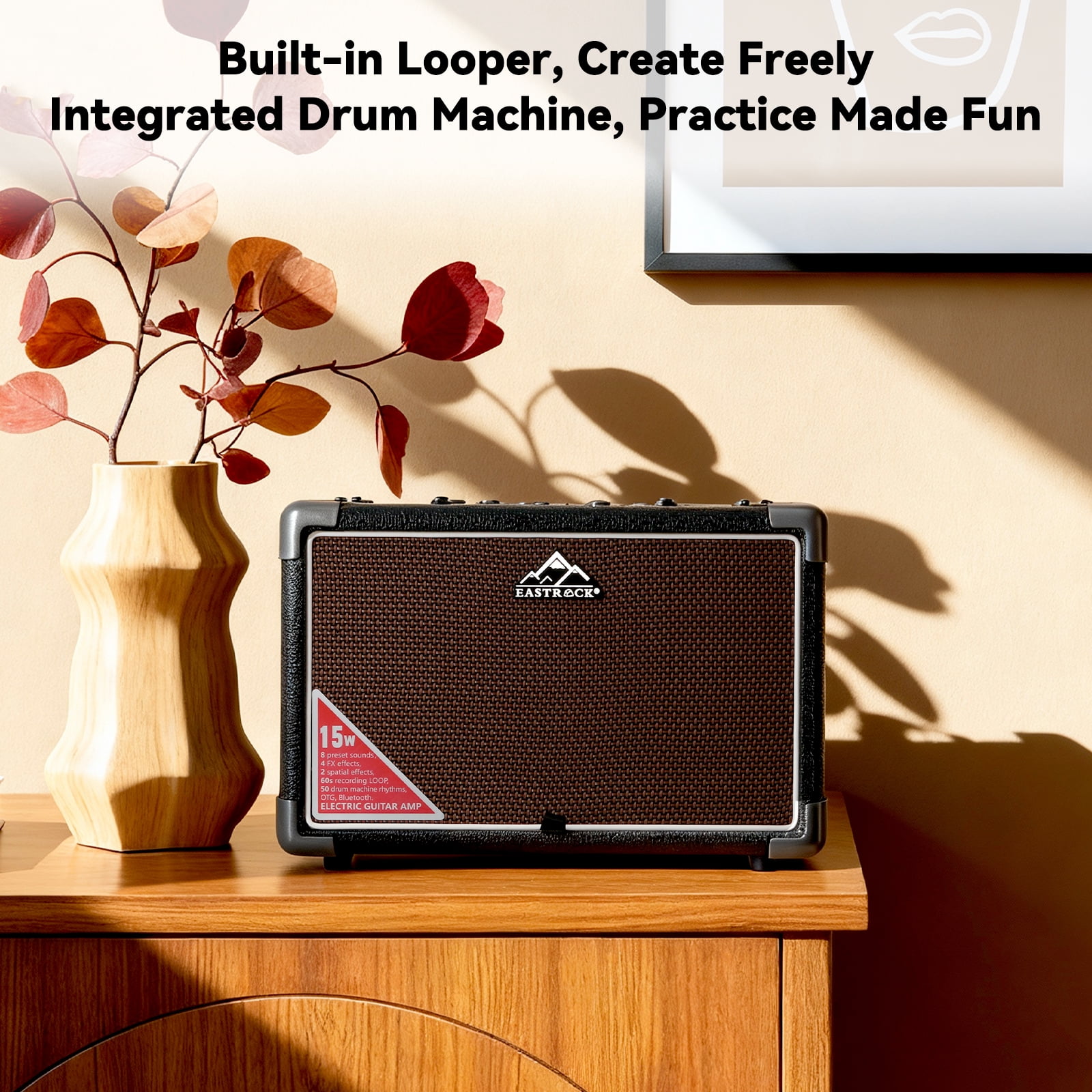 EASTROCK 15W Electric Guitar Amp, EGA-15W Portable Bluetooth 8 Voices FX Effects, Built-in Looper & Drum Machine Speaker, AUX/OTG/Headphone -Black