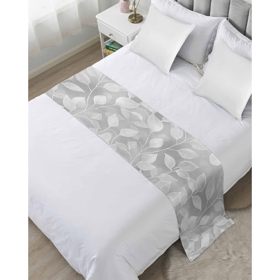 Bed Runner Scarf King Size, Silver Gray Leaves Stain Bed Runners & Scarves for Foot of Beds, Vintage Abstract Branch Botanical Decorative Bedding Runner Scarf for Hotel Home Bedroom