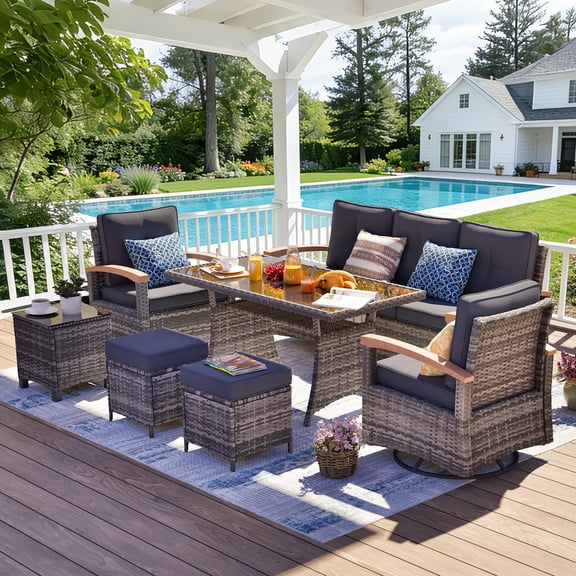 MEISSALIVVE 7 Pieces Patio Furniture Set with Dining Table, Outdoor Wicker Conversation Set with Wood Armrest Chairs, 2 Ottomans, Gray