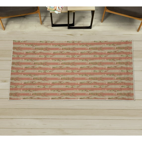 Lavender Decorative Rug, Stripes and Flowers Ribbons Romantic Country Spring Season Inspired Design Art, Quality Carpet for Bedroom Dorm and Living Room, 6 Sizes, Khaki Salmon, by Ambesonne