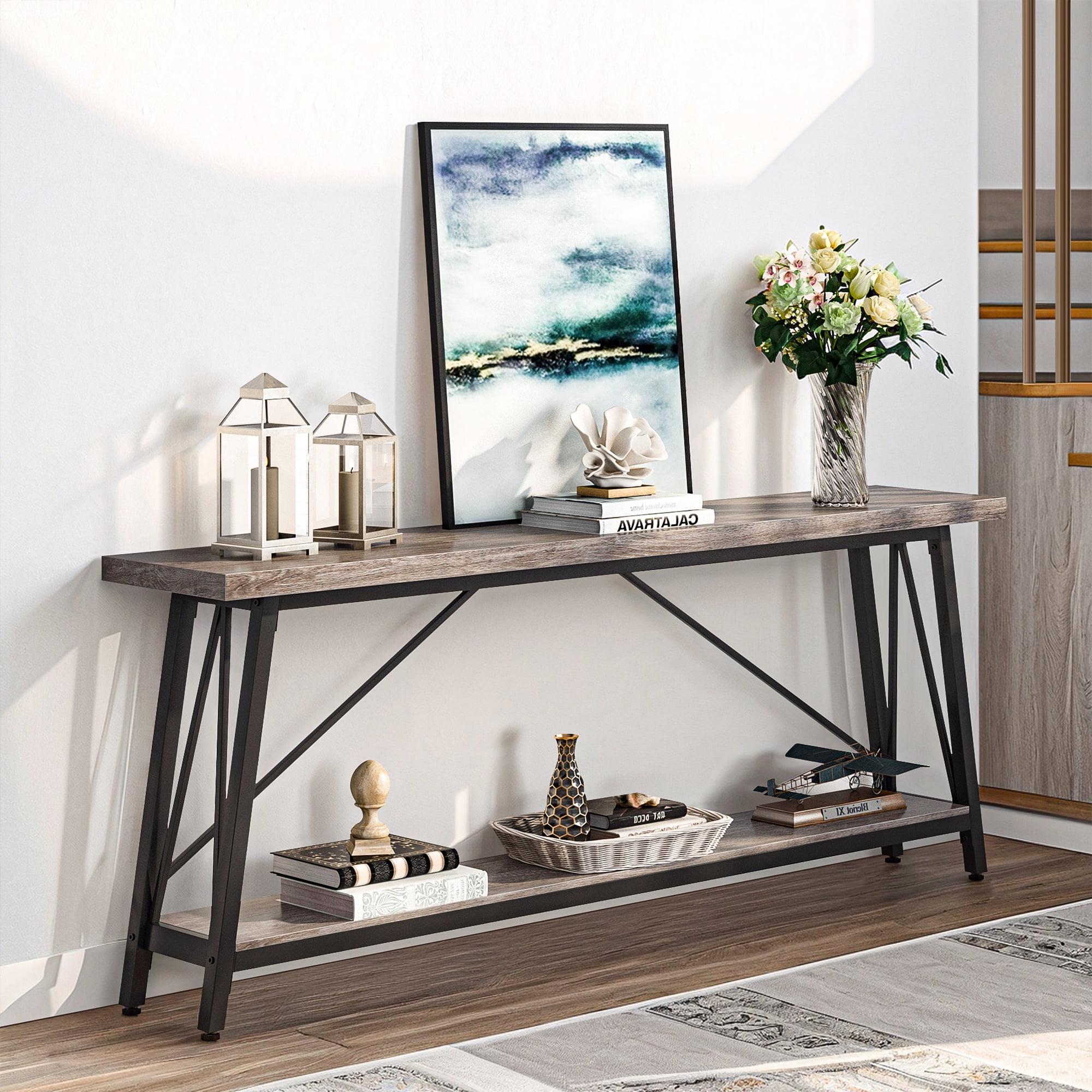 Demi Bonn 70.9" Console Table, Rustic Vintage Narrow Sofa Table for Entryway, Living Room, Hallway, Gray & Black