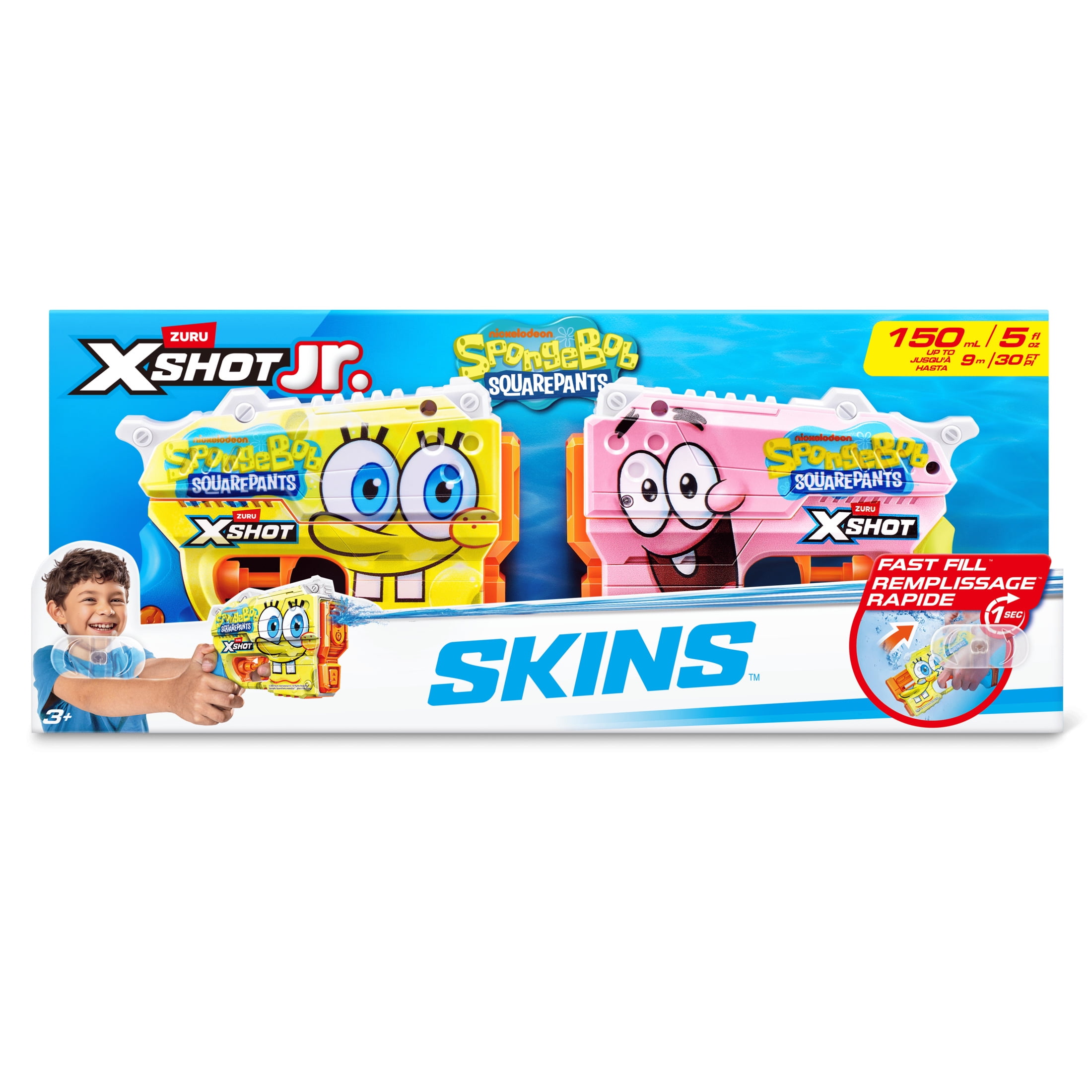 XSHOT Water SpongeBob Jr Fast-Fill Water Blaster 2-Pack by ZURU – Kid-Sized Water blasters with SpongeBob Design, Fast-Fill Tech, 30ft Range & 150ml (5 fl. oz.) Tank, Outdoor Summer Toy for Kids Ages