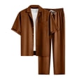 thumbnail image 2 of Lumtrix Men Summer Casual Short Sleeve Sets Solid Button Down Lapel Shirt Loose Elastic Pants with Pockets 2 Piece Outfits Beach Tracksuit Coffee M, 2 of 4