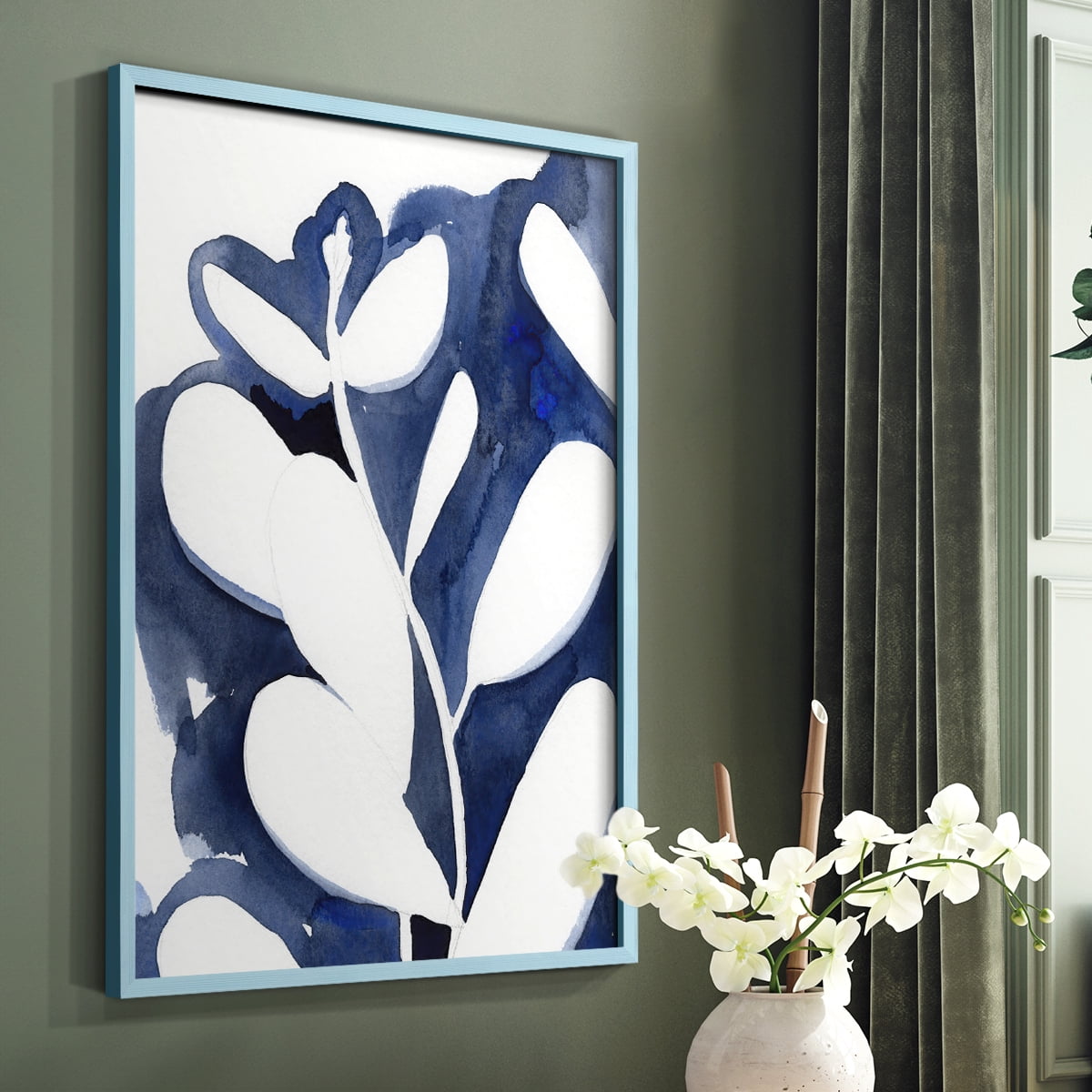 Blue Eucalyptus II Framed Print in Blue Solid Wood Framed Print No Nail Hanging