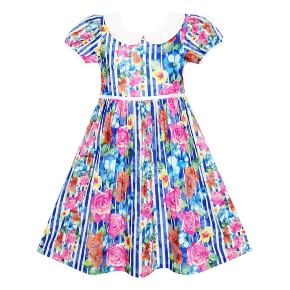 Girls Dress Turn-Down Collar Striped Blooming Rose Flower 4