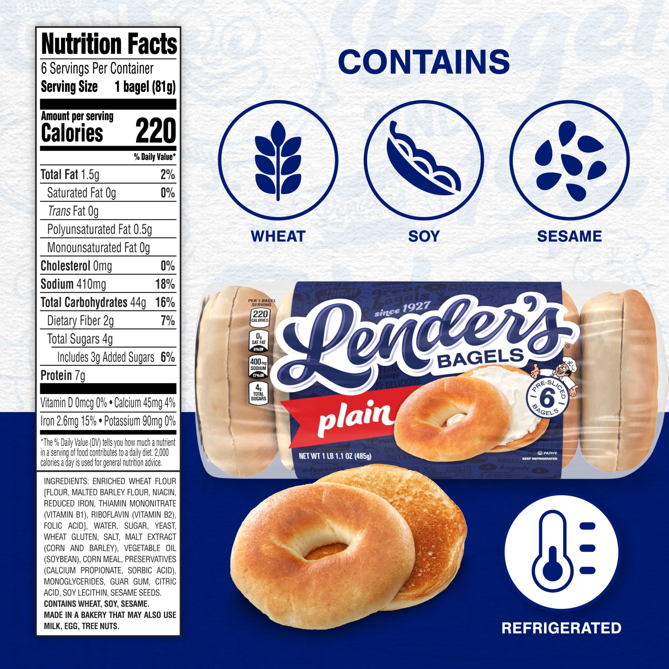 Lender's Original Plain Bagels, 6 count, Pre-sliced Refrigerated Bagels, 17.1 oz Bag